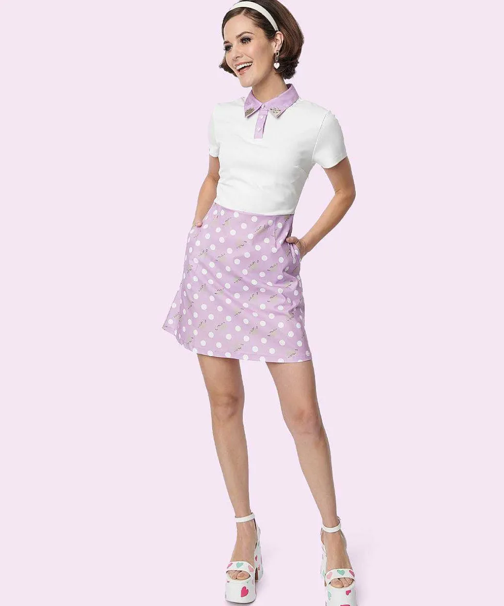 Ladies^Unique Vintage Pusheen Purple Polka Dot Dress