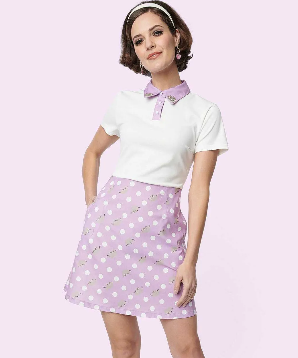 Ladies^Unique Vintage Pusheen Purple Polka Dot Dress